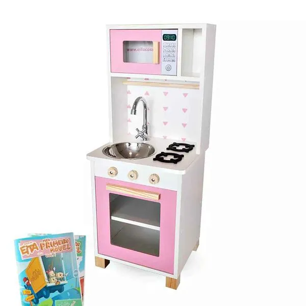 Kit Livro Mini Cozinha Infantil com Pia Fogão e Microondas Rosa