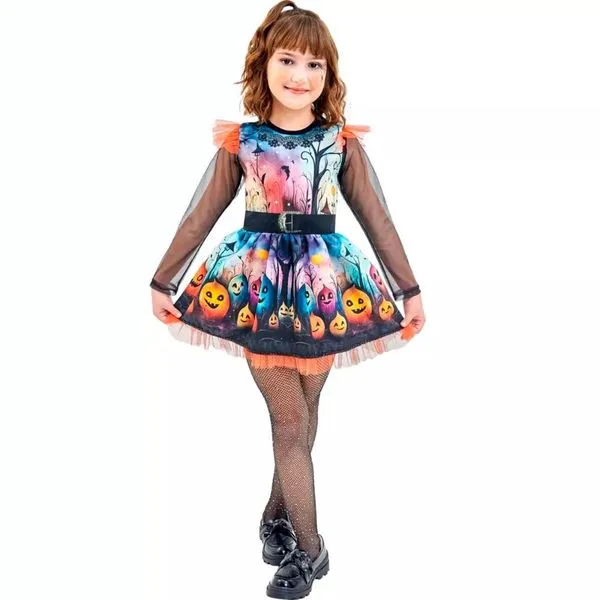 Fantasia Bruxa Halloween Infantil pra Menina Vestido Abobora com Manga Longa G / Preto