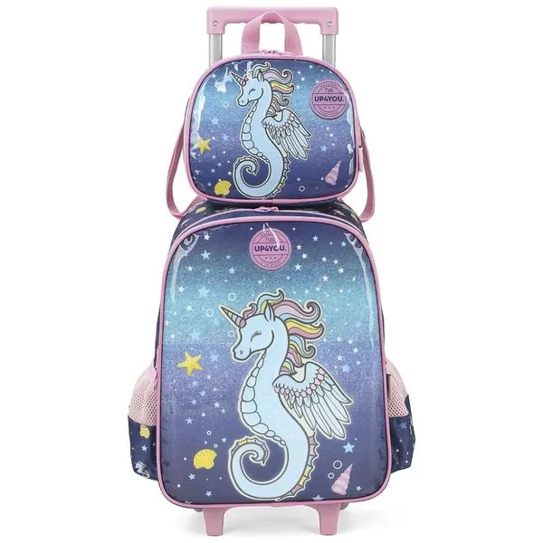 Kit Mochila Rodinhas Lancheira Luxcel CavaloMarinho Azul Único