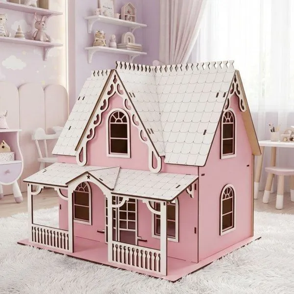 Casinha Boneca Rosa Branco Miniatura MDF Barbie Polly 34cm
