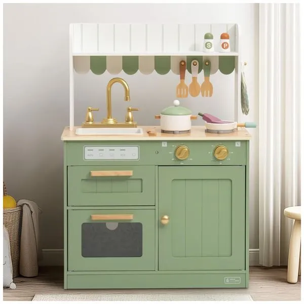 Mini Cozinha Educativa de Madeira ROBUD para Crianças, com Torneira Dourada, Pia, Forno, Fogão, Armário, Estilo Vintage - Presente Encantador