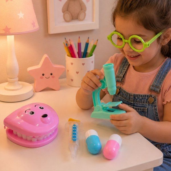 Kit Brinquedo Infantil Dentista Médico 6 Peças com Acessórios Rosa
