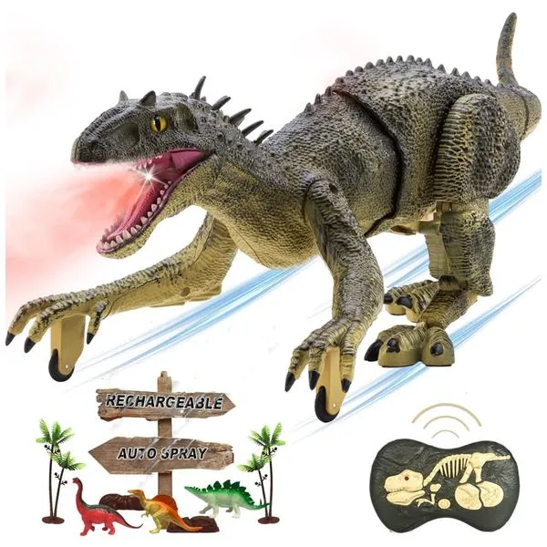 Dinossauro T-Rex Anda e Ruge com Controle Remoto, Luzes LED e Recarregável para Crianças de 3 a 7 Anos, MAMABOO, Verde