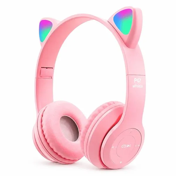 Fone de Ouvido Sem Fio Orelhas de Gato LED Headset Gatinho Rosa