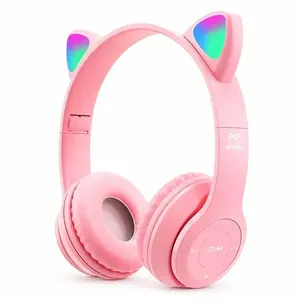 Fone de Ouvido Sem Fio Orelhas de Gato LED Headset Gatinho Rosa