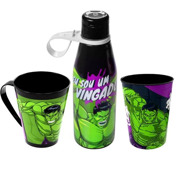 Kit 3 Em 1 Do Hulk Com Garrafinha Copo E Caneca Estampados