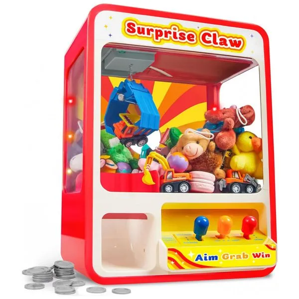 JOYIN Claw Machine Arcade Toy Vermelha com Luz LED e Som Ajustável, Mini Máquina de Garra Recarregável para Crianças