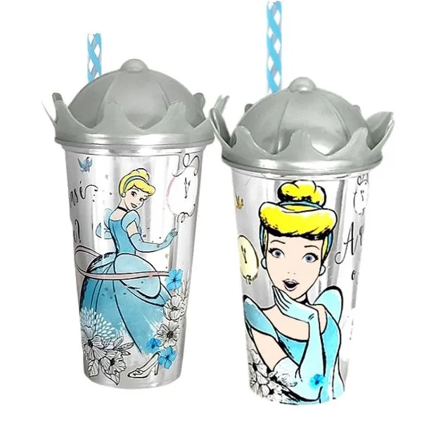 2 Copos 500ml Infantil Estampa da Cinderela Tampa Coroa e Canudo