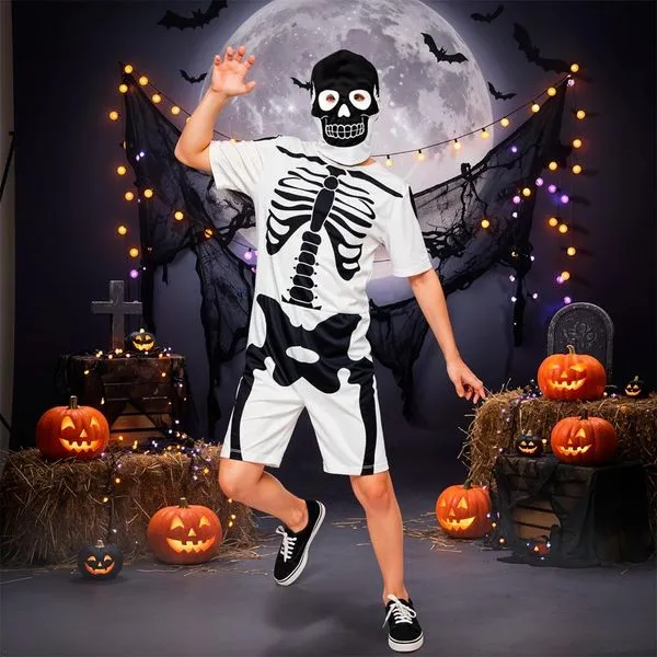 Fantasia Esqueleto Infantil de Halloween Curta com Máscara Caveira G / Branco