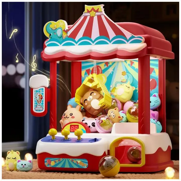 Máquina de Garra Vermelha Skirfy – Mini Arcade Infantil com 30 Mini Prêmios, Luzes LED, Som e Controle de Alta Precisão