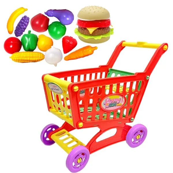 Kit 3 em 1 Carrinho Supermercado Frutas Legumes Hambúrguer