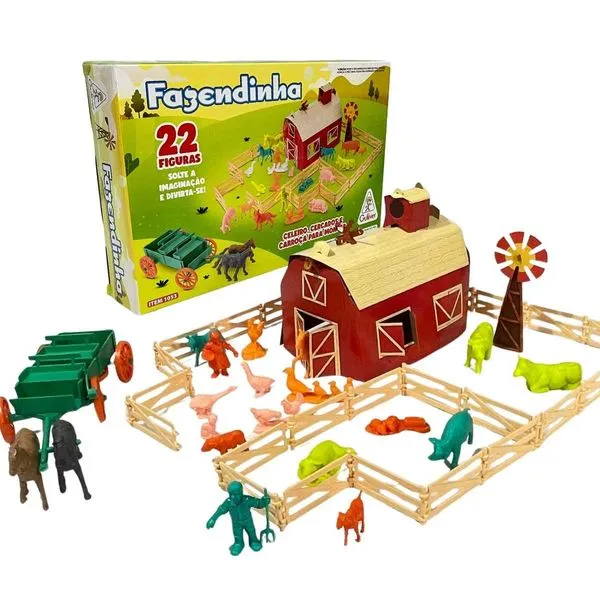 Fazendinha Mundo Gulliver Original Com 22 Figuras, Celeiro Cercas Carroça, Cenário Playset Fazenda