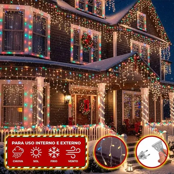 Pisca Pisca Cascata de Natal 2,5 Metros 100 LEDS Colorido 110V Decoração Externa Casa Varanda e Sacadas Extensível Tomada Brasileira