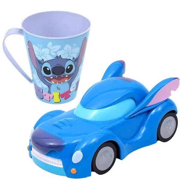 Kit Carro 13cm Stitch Fricção com Caneca Estampada Original
