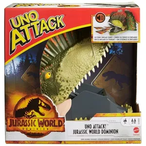 Mattel Games UNO Attack Jurassic World Dominação - Jogo de Cartas com Lançador de Cartas Dinossauro, Luzes e Sons