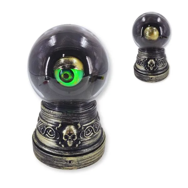 Enfeite de Halloween Bola de Cristal com Olho Móvel, Luz Verde e Som de Terror – Decoração Assustadora Pica Pau para Festas e Ambientes Temáticos