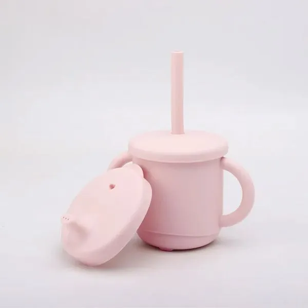 Copo De Silicone Canudo e Bico 200ml +12m Rosa Petit Piá