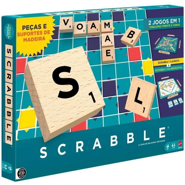 Jogo Scrabble Peças de Madeira - O Jogo de Palavras Cruzadas em Português - 2 em 1 - Mattel