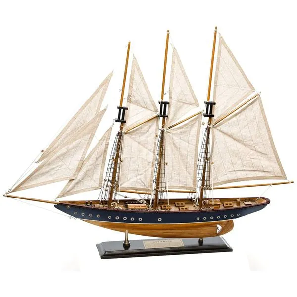 Veleiro Decorativo Atlântico de Madeira, Escala 1:50 com Instruções de Montagem na Caixa, Acabamento Antigo em Azul Marinho e Nogueira