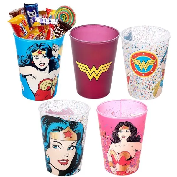 5 Copos Estampa Mulher Maravilha de 320ml para Sacola Supresa de Aniversário