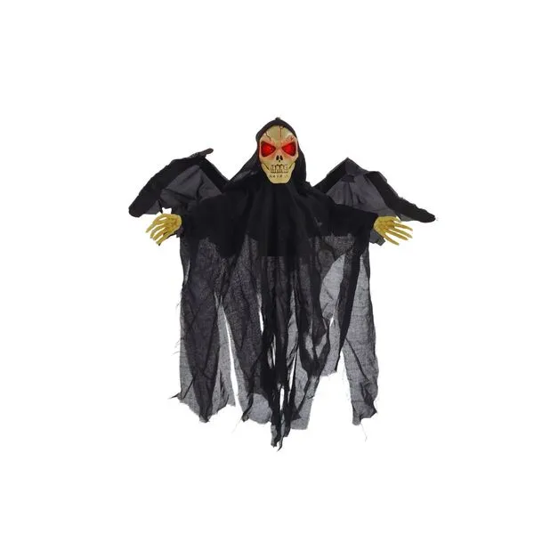 Caveira Morcego Halloween 50cm Com Som, Luz Vermelha e Movimento Automático por Sensor de Som