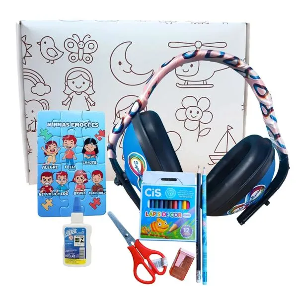 Abafador de Ruidos Para Meninas Com Caixa Para Colorir e Kit Escolar Sensorial