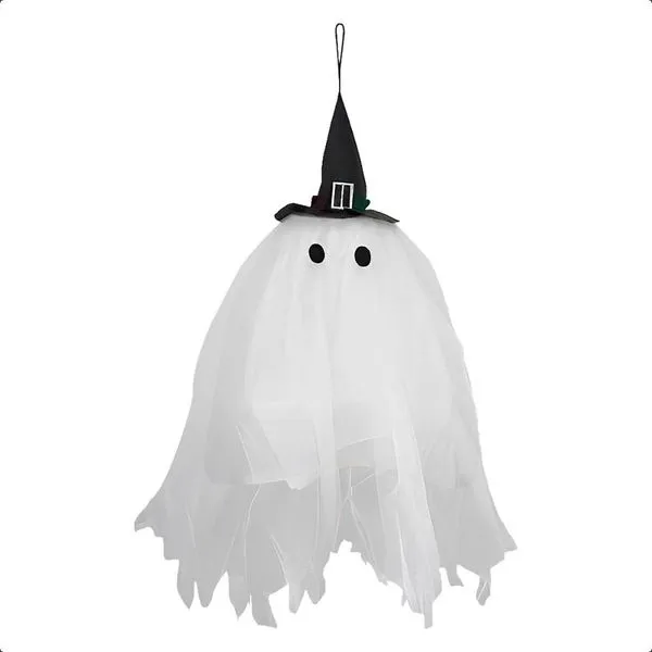 Decoração de Halloween Grande pra Pendurar Fantasma Branco com Chapeu de Bruxa e Led 80 cm -