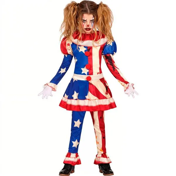 Fantasia Palhaça Halloween Infantil pra Meninas Assassina Americana M / Azul