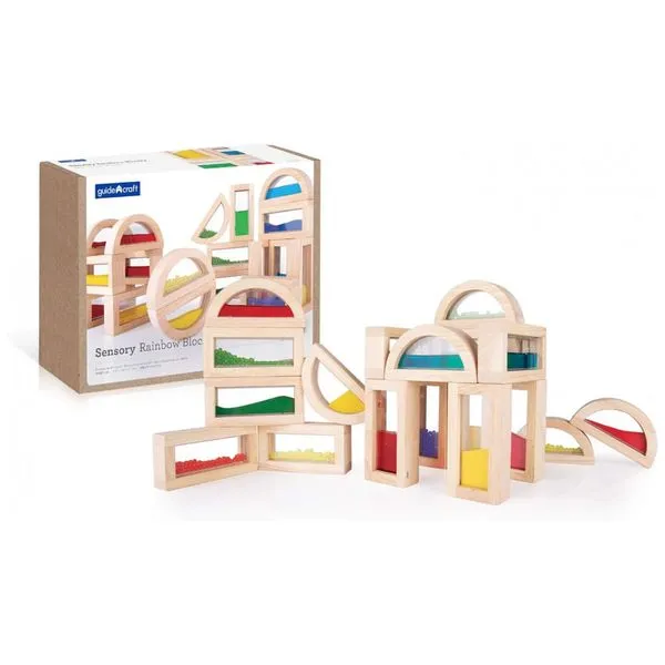 Blocos sensoriais Guidecraft Sensory Rainbow Blocks com 18 peças em madeira com água, areia e miçangas coloridas