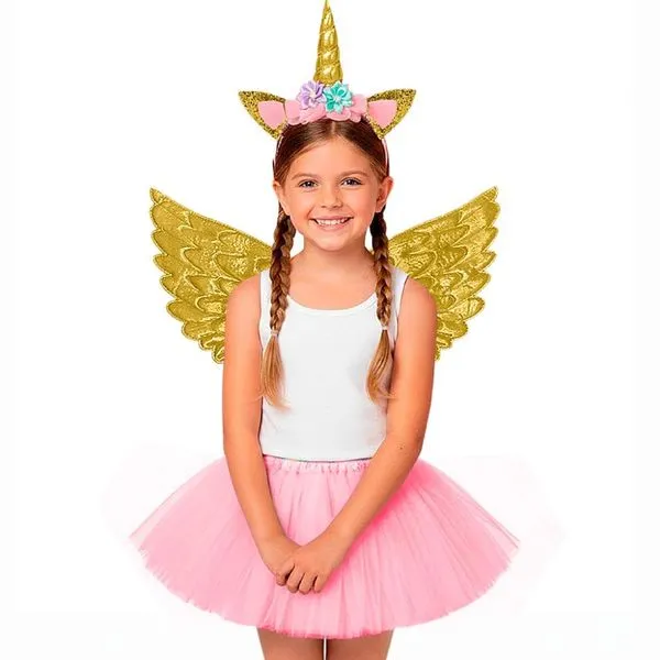 Fantasia Infantil Unicórnio Menina Carnaval Barato Completo Dourado