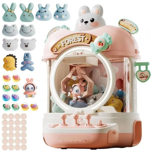 Máquina de Garra Rosa – Mini Arcade Infantil com 10 Pelúcias, 10 Mini-Brinquedos, 10 Ovos Surpresa, 24 Moedas, Luzes LED e Som