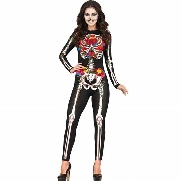 Fantasia Halloween Caveira Mexicana Feminina Adulta Esqueleto com Rosas M / Preto