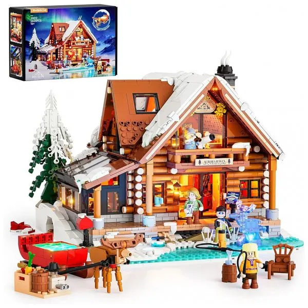 Cabana Aurora Natal Lumibricks Branco/Transparente com Projetor LED, 2425 Peças, Escala 1:12, Inverno Nórdico