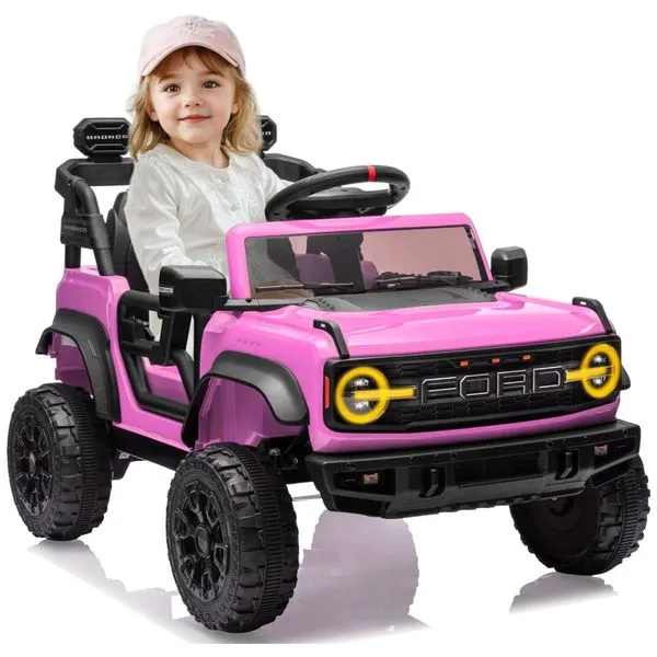 Carro Elétrico Infantil 12V, Ford Bronco 1 Assento, com Controle Remoto, Suspensão nas 4 Rodas, Música via Bluetooth, First Ride On, Rosa 110v