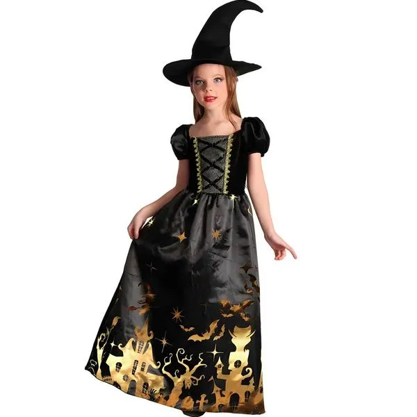 Fantasia Halloween Bruxa Infantil Gótico Vestido Longo de Luxo Com Chapéu Preto