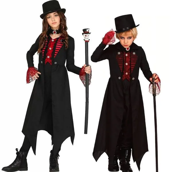Fantasia Vampiro Infantil de Halloween Vitoriano Gótico de Luxo pra Menina ou Meninos GG / Preto