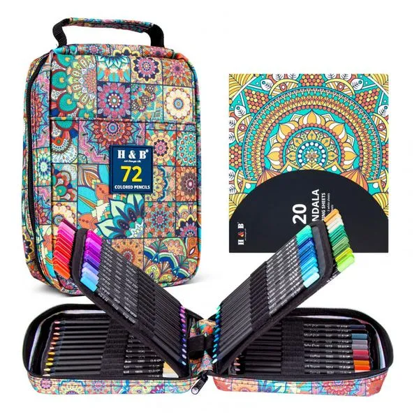 Conjunto 72 lápis de cor H & B com estojo mandala, livro para colorir, borracha e apontador, minas óleo macias