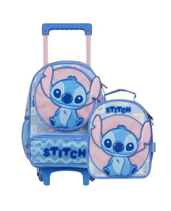 Kit Mochila de Rodinha e Lancheira Térmica Infantil Feminina Stitch Baby Azul Clara