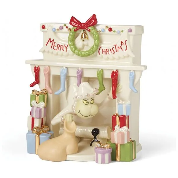 Figurinha Lenox Grinch Stealing Stockings em Porcelana Multicolor com Detalhes em Ouro 24K, 16,5 cm