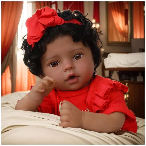 Bebê Recém-Nascido Newborn,SCOM Menina 51 cm, Corpo Macio, Olhos Abertos, Macacão Vermelho - Boneca de Bebê Realista