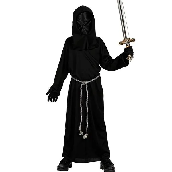 Fantasia Medieval Infantil de Halloween pra Menino Tunica Preta e Capuz Mago sem Rosto M / Preto