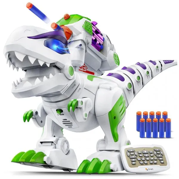 Dinossauro robô Ruko 8809 verde grande com controle remoto 2,4GHz, programação, sons, olhos em LED e disparo de dardos de espuma
