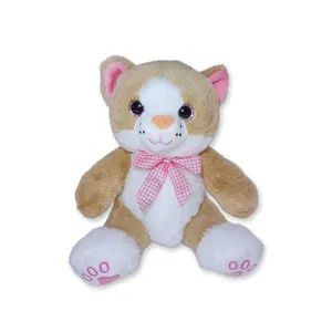 Gato de Pelúcia Marrom Arlo Sentado com Lacinho Rosa Xadrez Fizzy Toys Fofo para Presentear