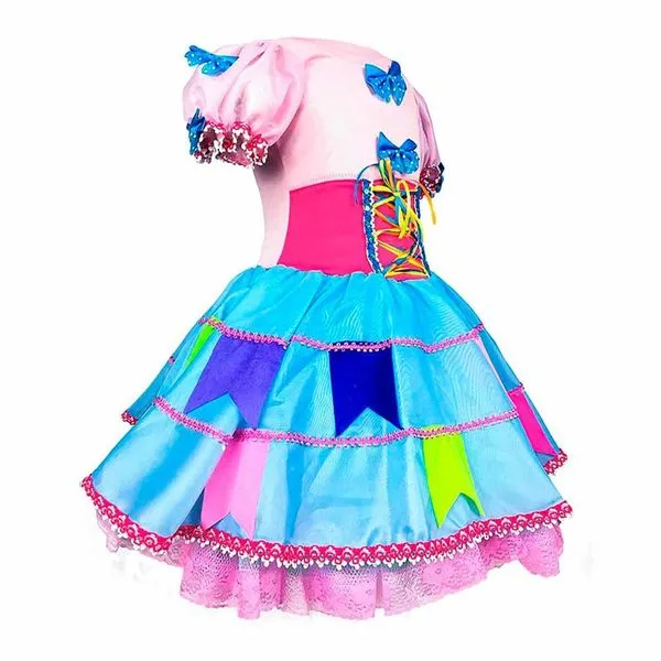 Vestido de Festa Junina Infantil de Luxo Bandeirinhas Com Bolsa G / Pink