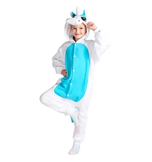 Fantasia Pijama Macacão de Unicórnio Kigurumi Infantil Branco e Azul Com Capuz M