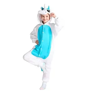 Fantasia Pijama Macacão de Unicórnio Kigurumi Infantil Branco e Azul Com Capuz M