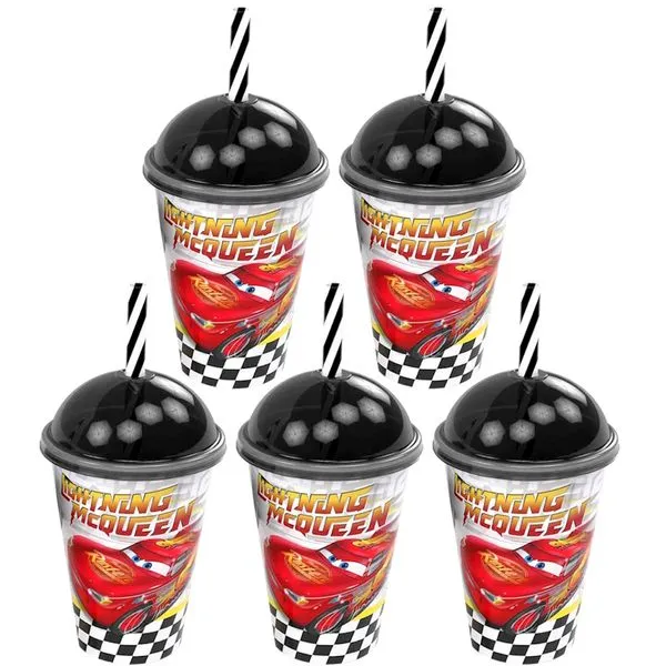5 Copos 280ml Com Canudo e Tampa do Carros Mcqueen Lembrança Decoração de Festa