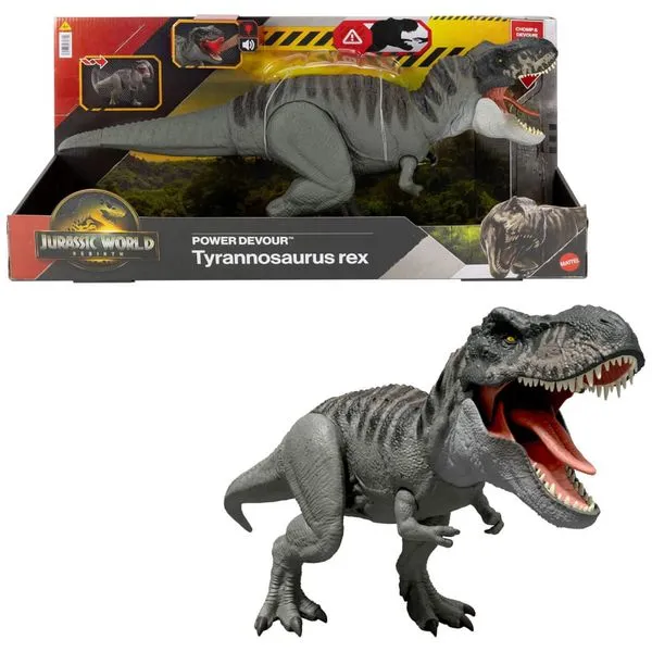 Dinossauro articulado Mattel Jurassic World Rebirth Power Devour Tyrannosaurus Rex com mordida contínua, luzes, sons e integração digital via app