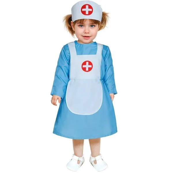 Fantasia Halloween pra Bebê Menina Enfermeira Classica Com Touca M / AZUL