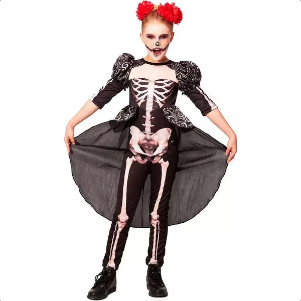 Fantasia Halloween Infantil Rainha Caveira Mexicana de Luxo Preto